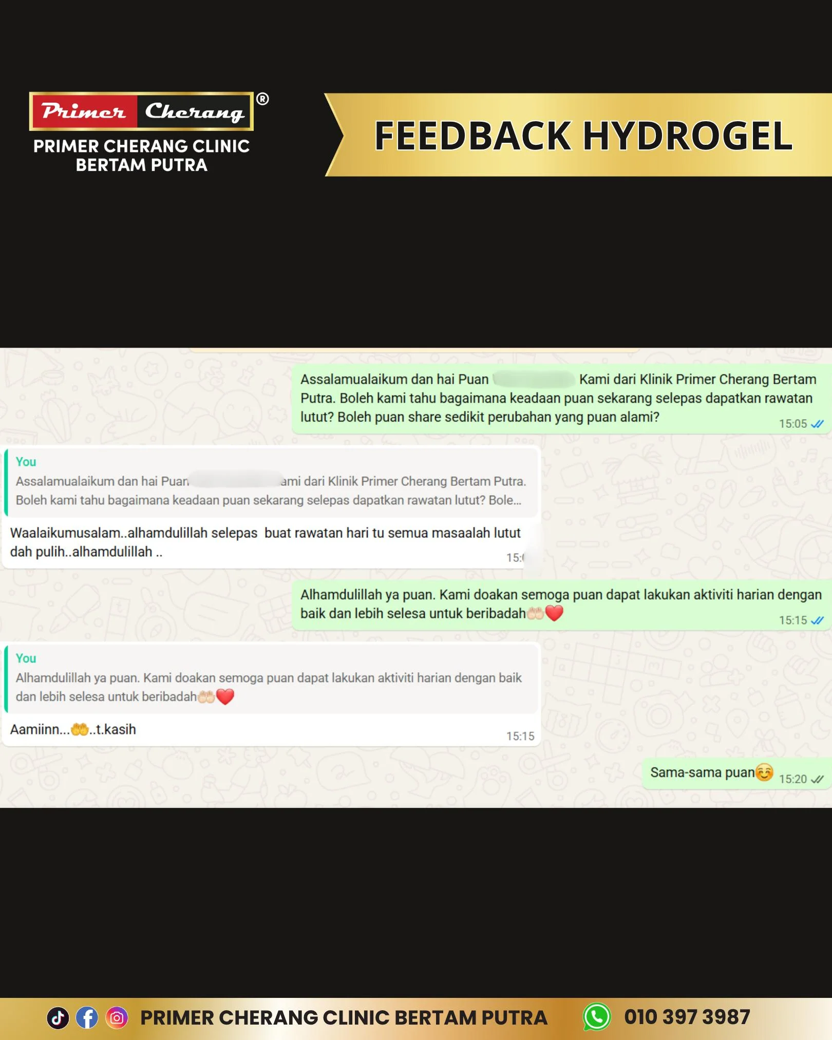 Feedback WhatsApp pesakit selepas rawatan Hydrogel: masalah lutut sudah pulih